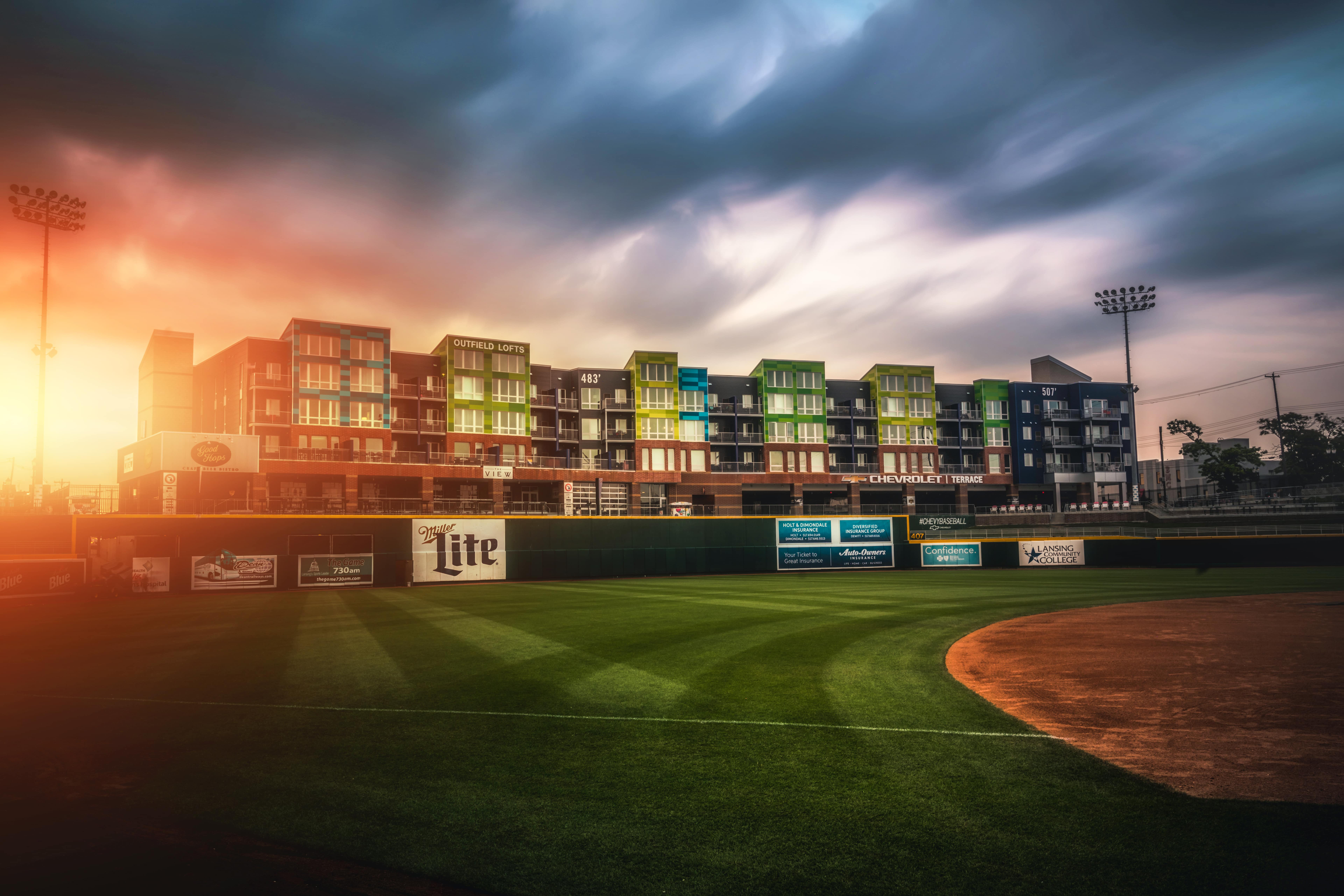 Outfield Apartments at sunset