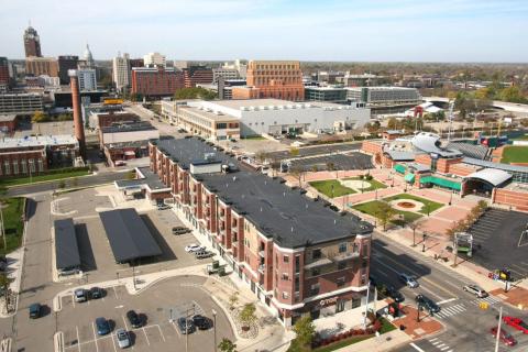 Aerial view of Stadium District apartments