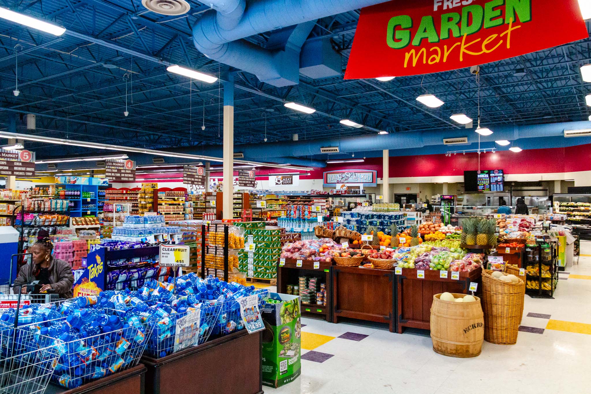 Inside of large colorful supermarket