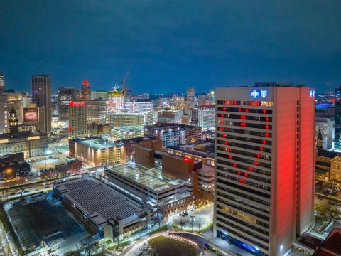 Dowtown Lansing at night.