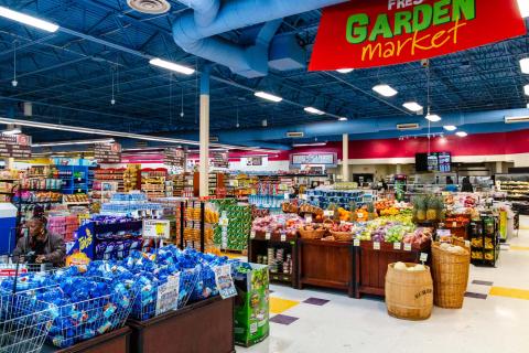 Inside of large colorful supermarket